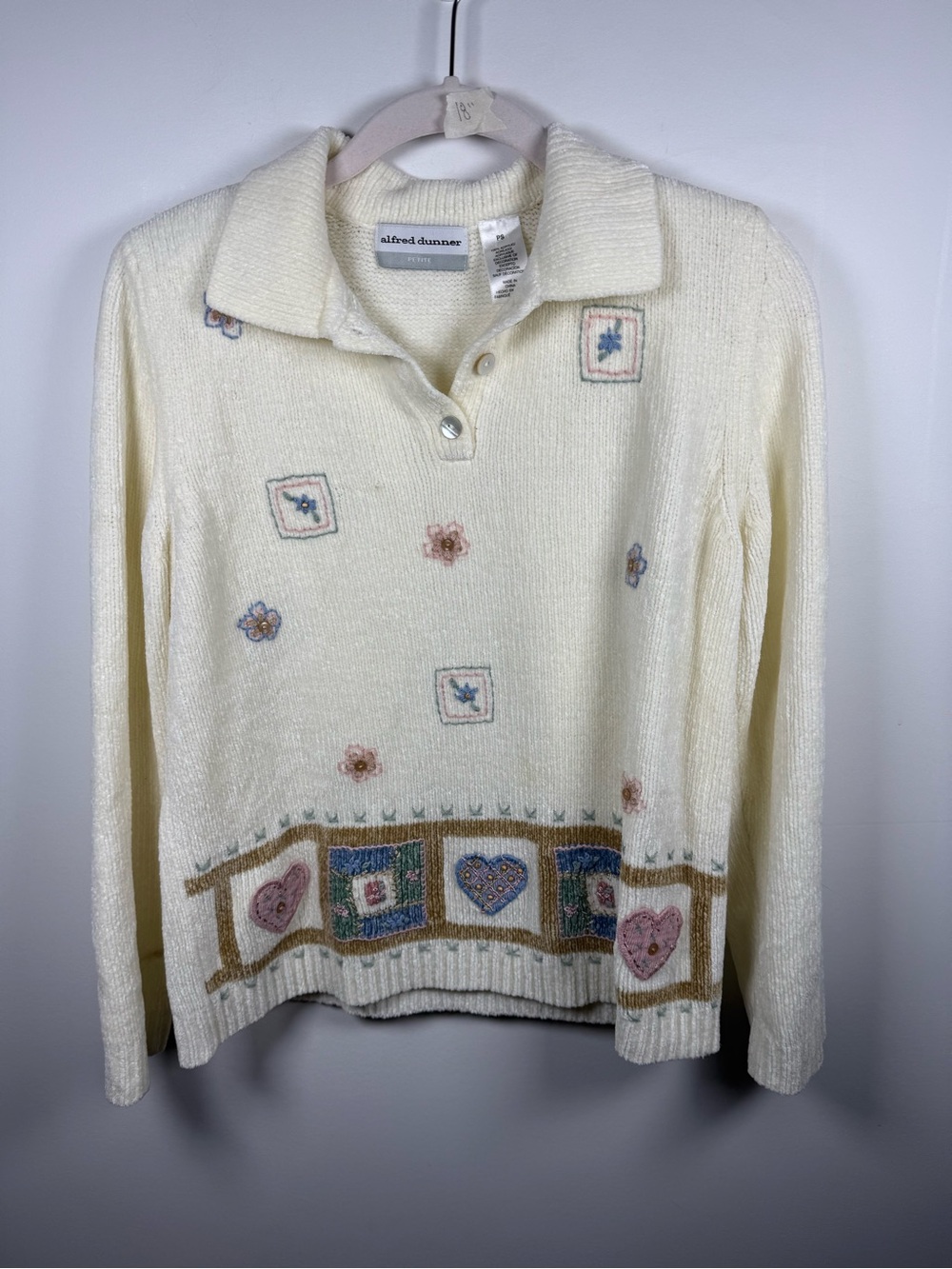 ALFRED DUNNER | Vintage Petite Embroidered Heart Knit Polo Sweater Size PS